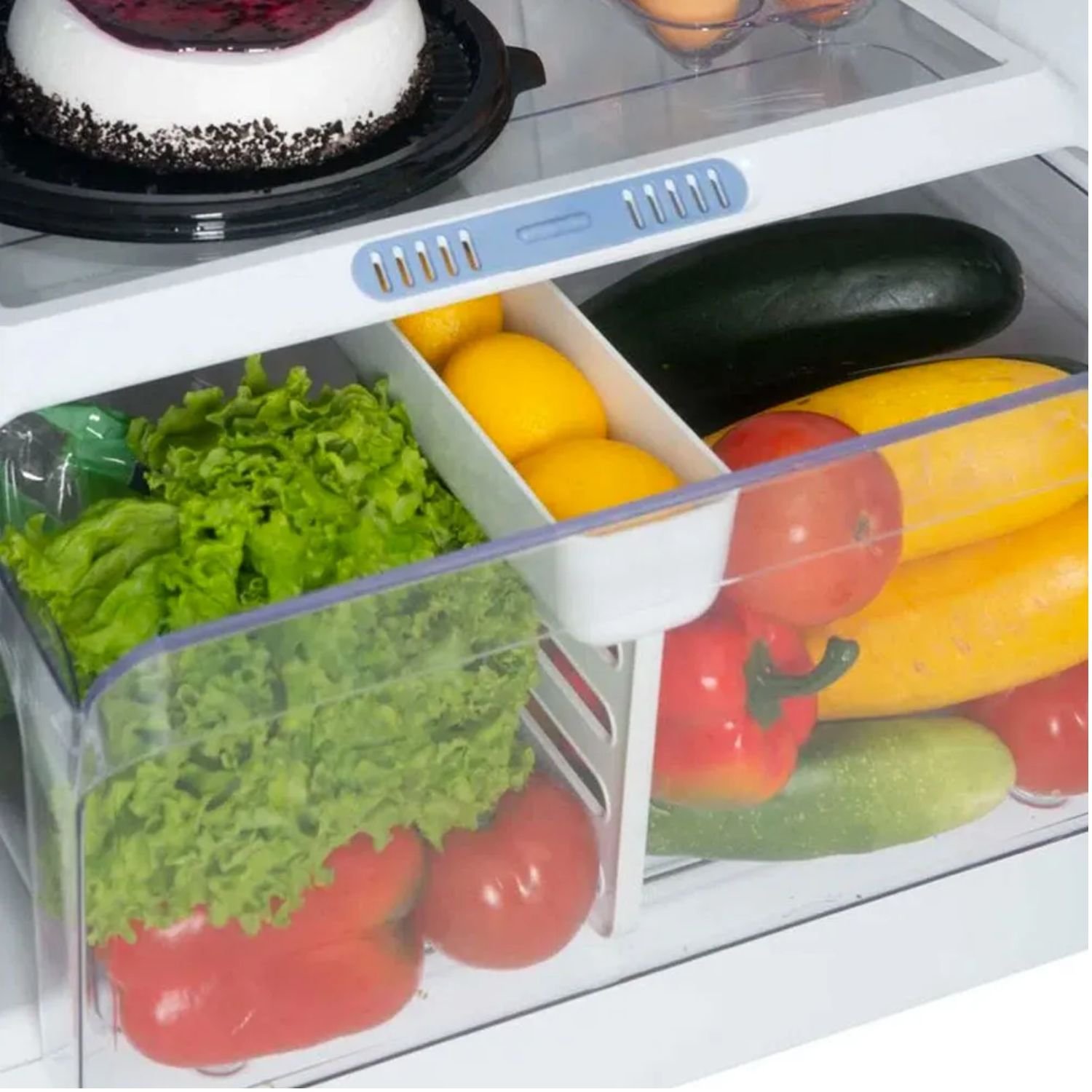 Nevera Challenger 256 litros, gaveta con frutas y verduras frescas