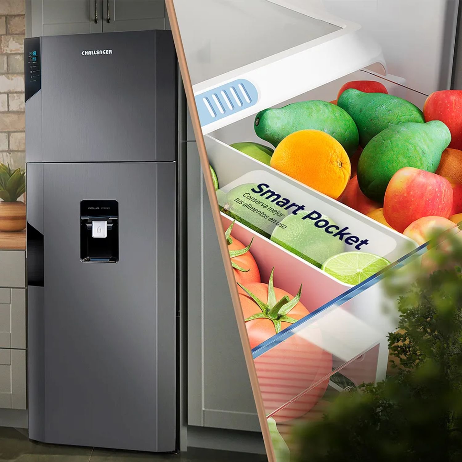 Nevera Challenger 317 litros, gaveta Smart Pocket con frutas y verduras frescas
