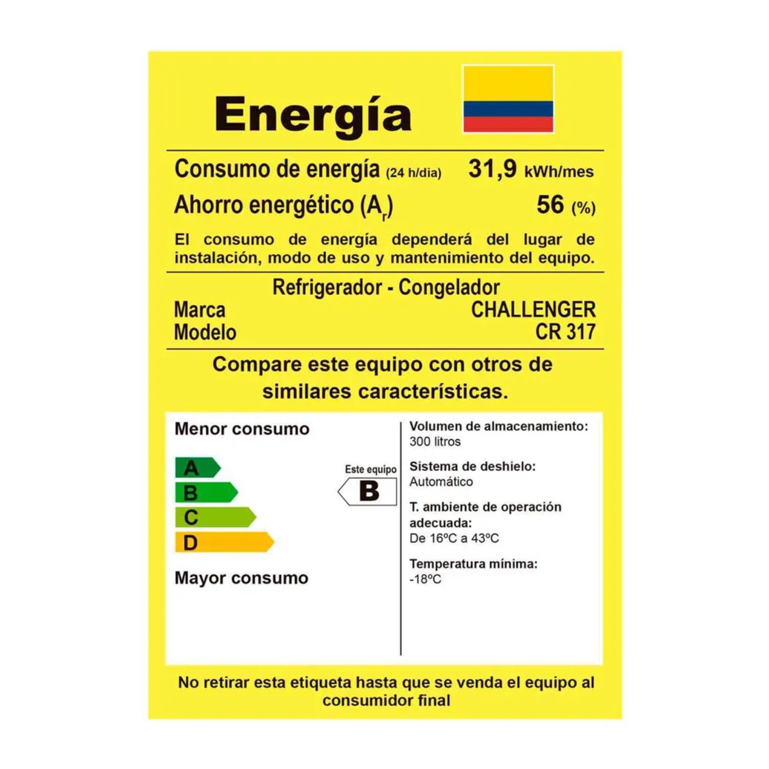 Etiqueta de eficiencia energética de la Nevera Challenger CR-317, clase de ahorro energético A