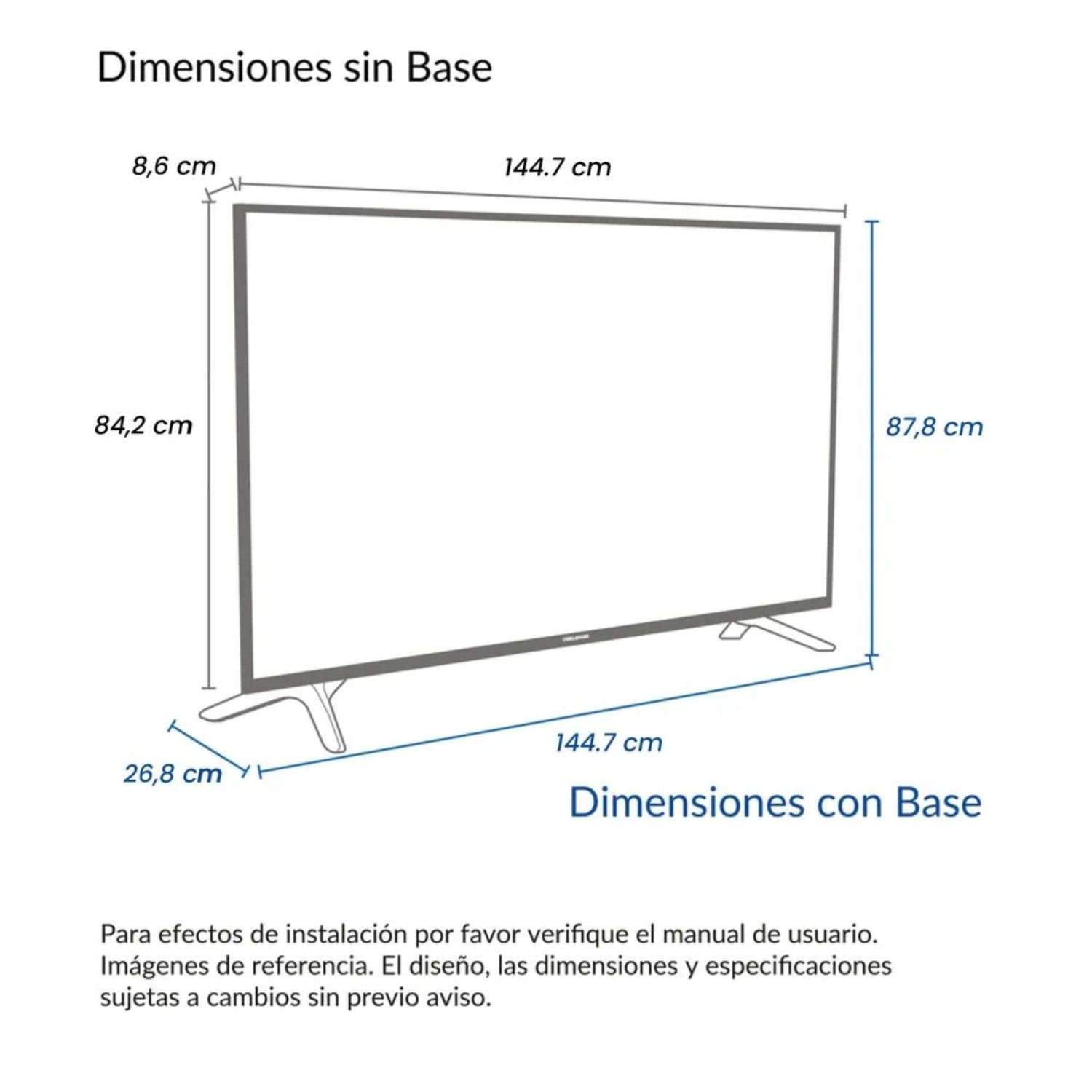 Dimensiones del Televisor Challenger 65 pulgadas QLED 4K HDR, con y sin base