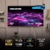 Televisor Challenger 75 pulgadas QLED 4K HDR en sala, incluye control por voz