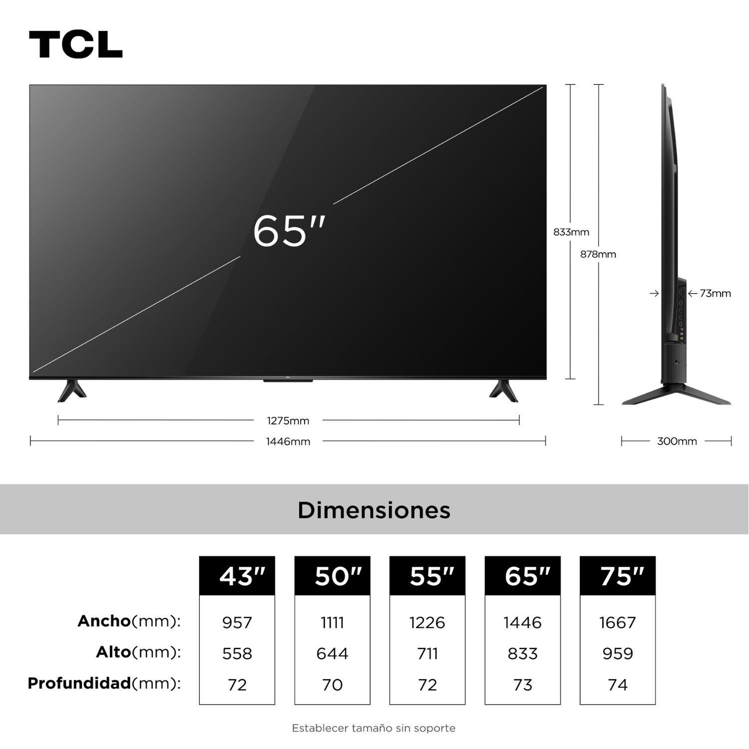 Dimensiones del Televisor TCL 65 pulgadas, disponible también en 43, 50, 55 y 75 pulgadas