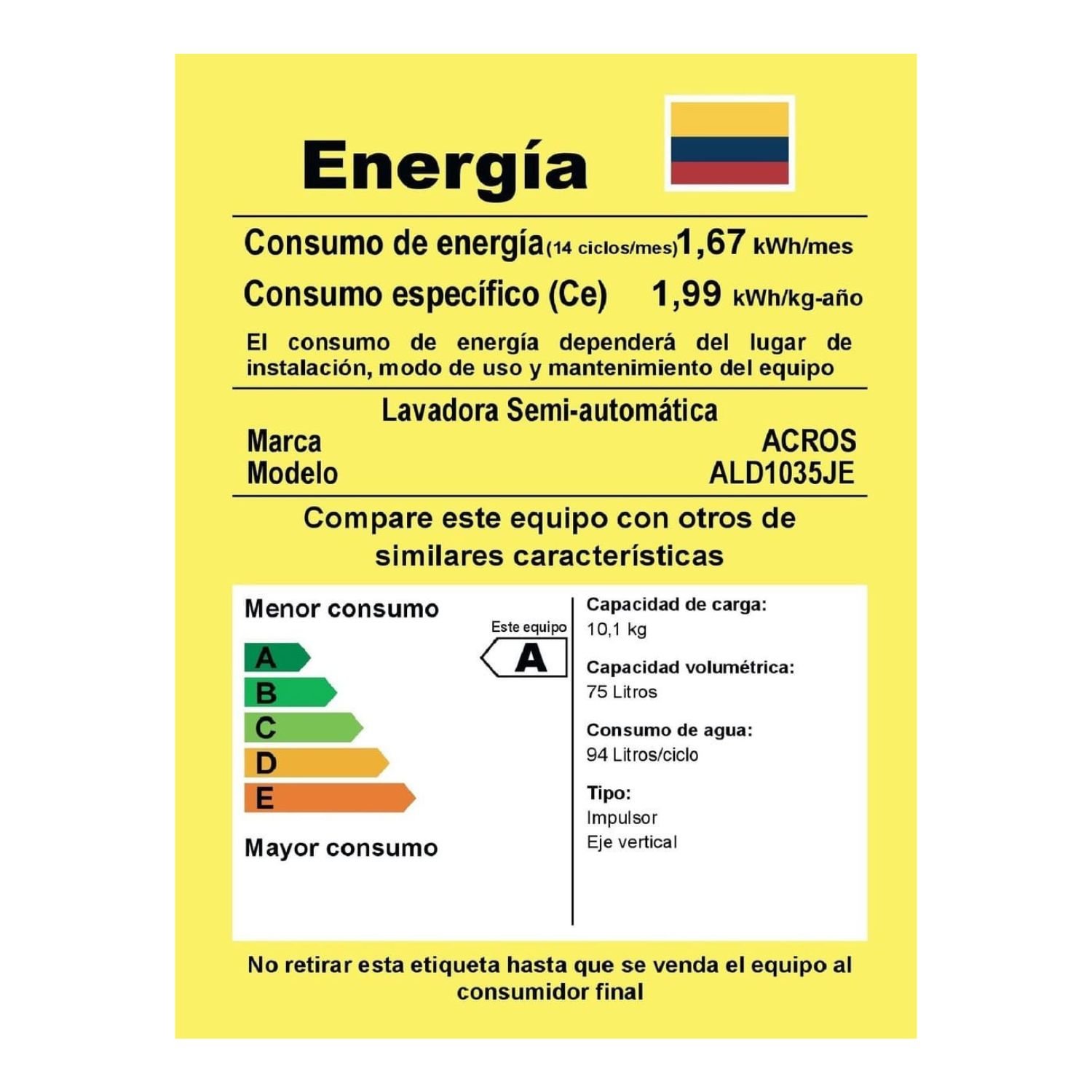 Etiqueta de eficiencia energética clase A de lavadora Across ALD1035JE