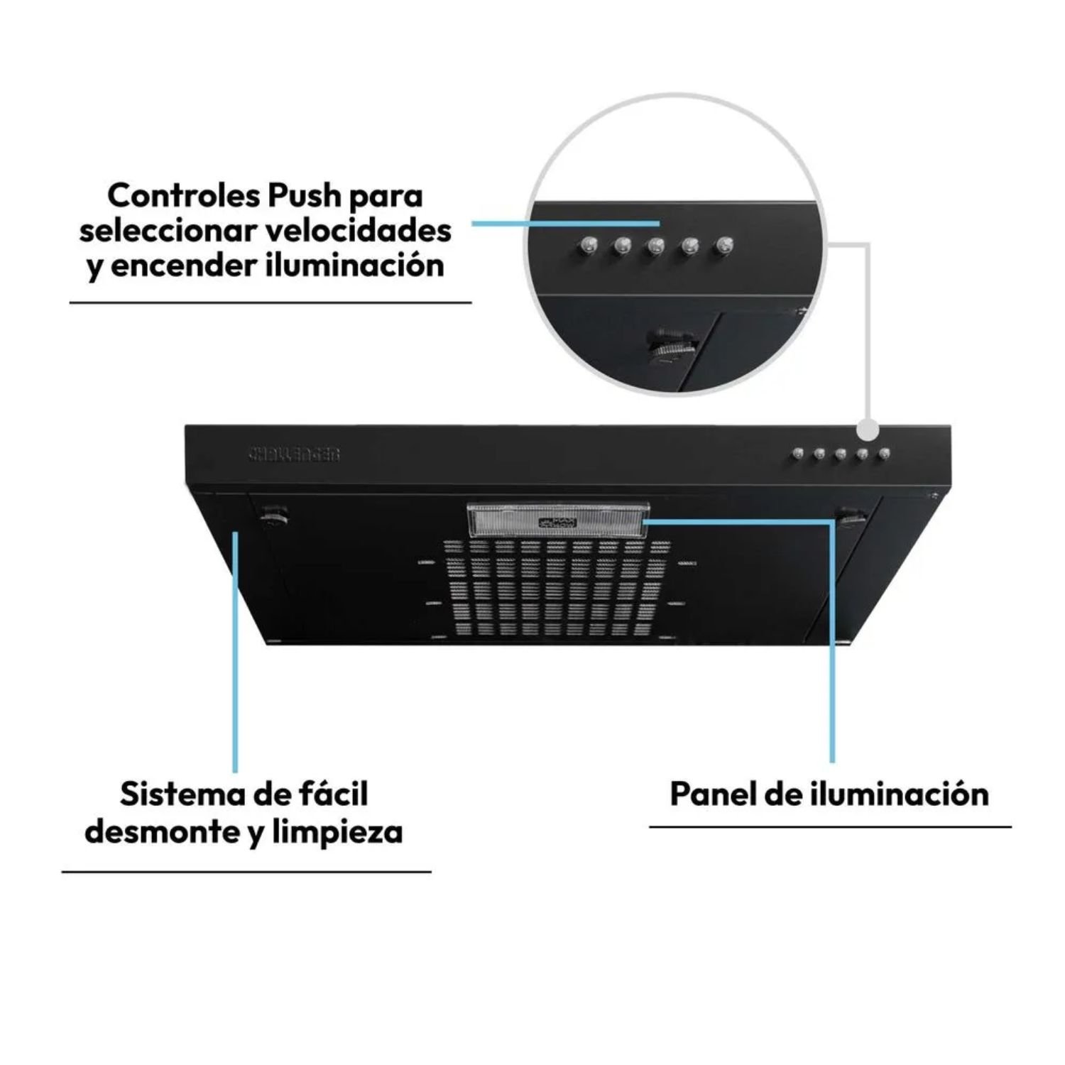 Controles push button y panel de iluminación de la campana Challenger CX4310
