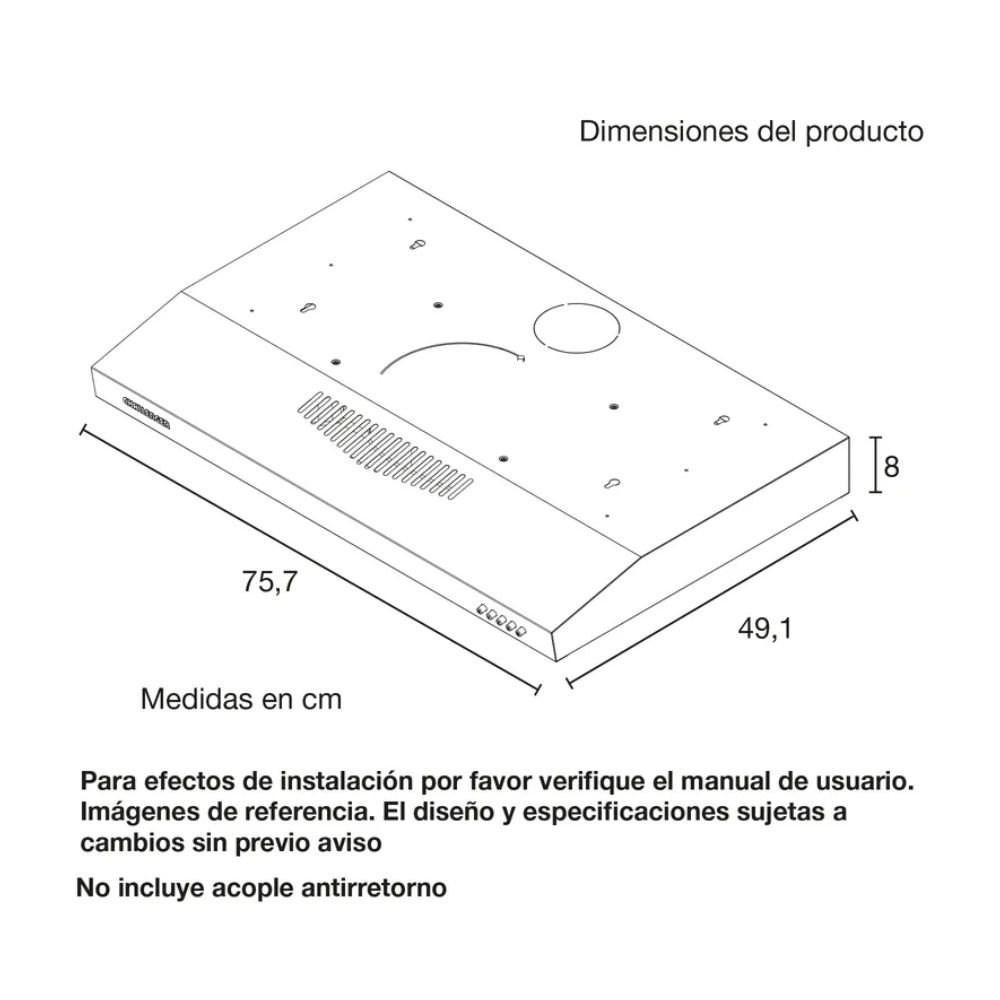 Plano de dimensiones de la campana horizontal Challenger CX4572 negra, 75,7 x 49,1 cm