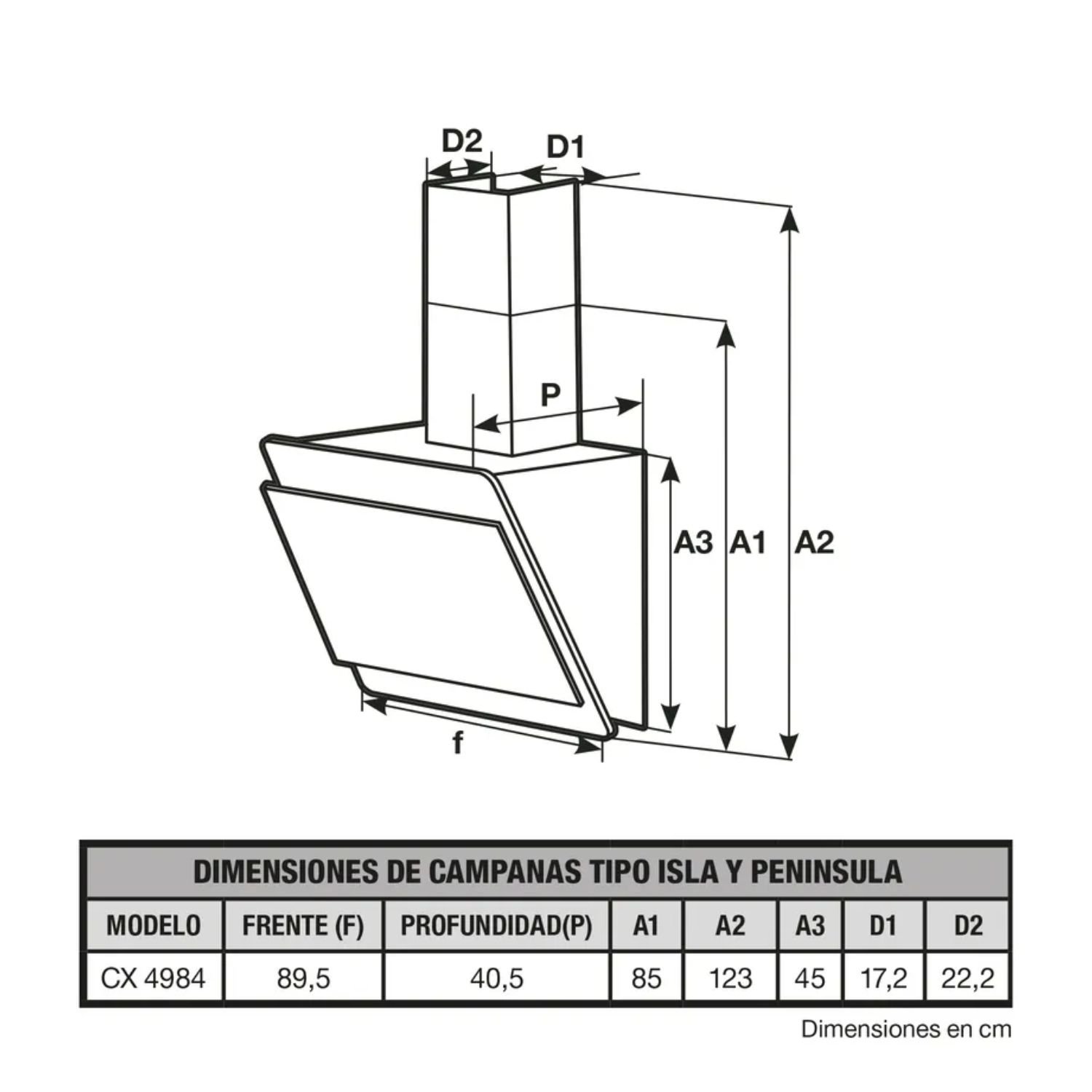 Plano de dimensiones de campanas tipo isla y península Challenger CX4984, altura instalada hasta 126cm