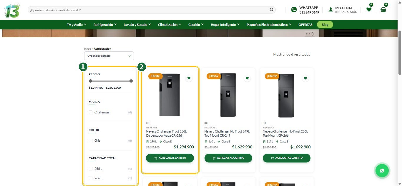 Página de categoría con los filtros y una tarjeta de producto señalados