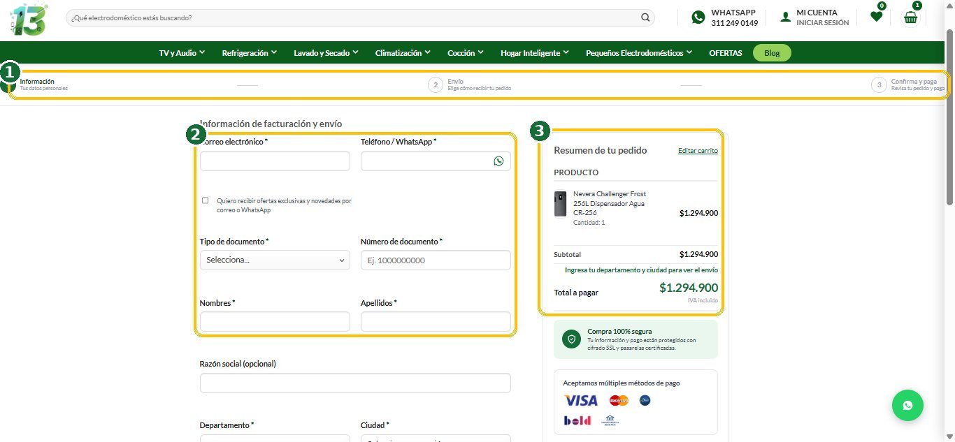 Formulario de información de facturación y envío con los pasos del pago y el resumen del pedido señalados