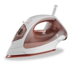 Plancha de vapor ligera Oster GCSTBS3801 blanca con detalles rosa vista lateral