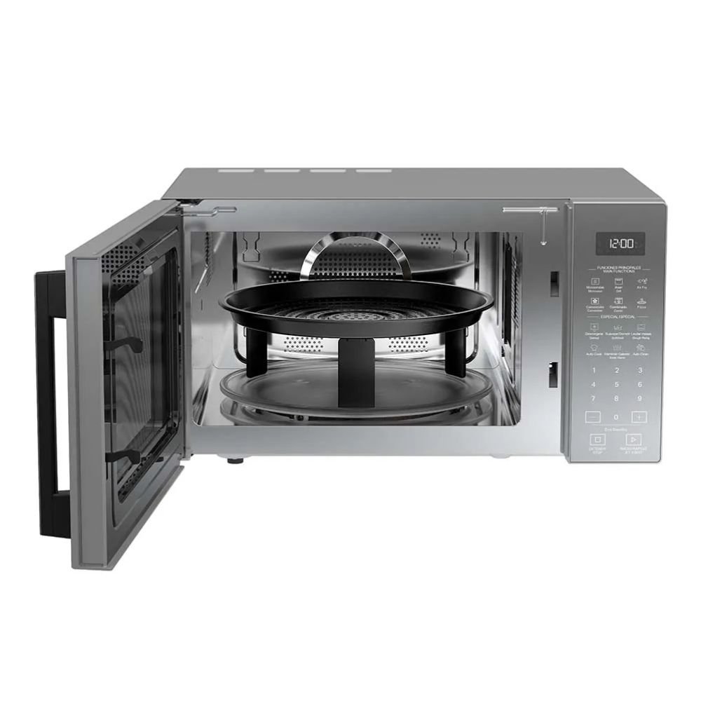 Microondas Whirlpool WM3911D con puerta abierta, rack para convección y bandeja Air Fry