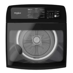 Vista superior de lavadora Whirlpool con tapa de vidrio y agitador