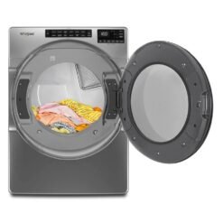 Secadora eléctrica Whirlpool 7MWED6605MC abierta con ropa en el tambor