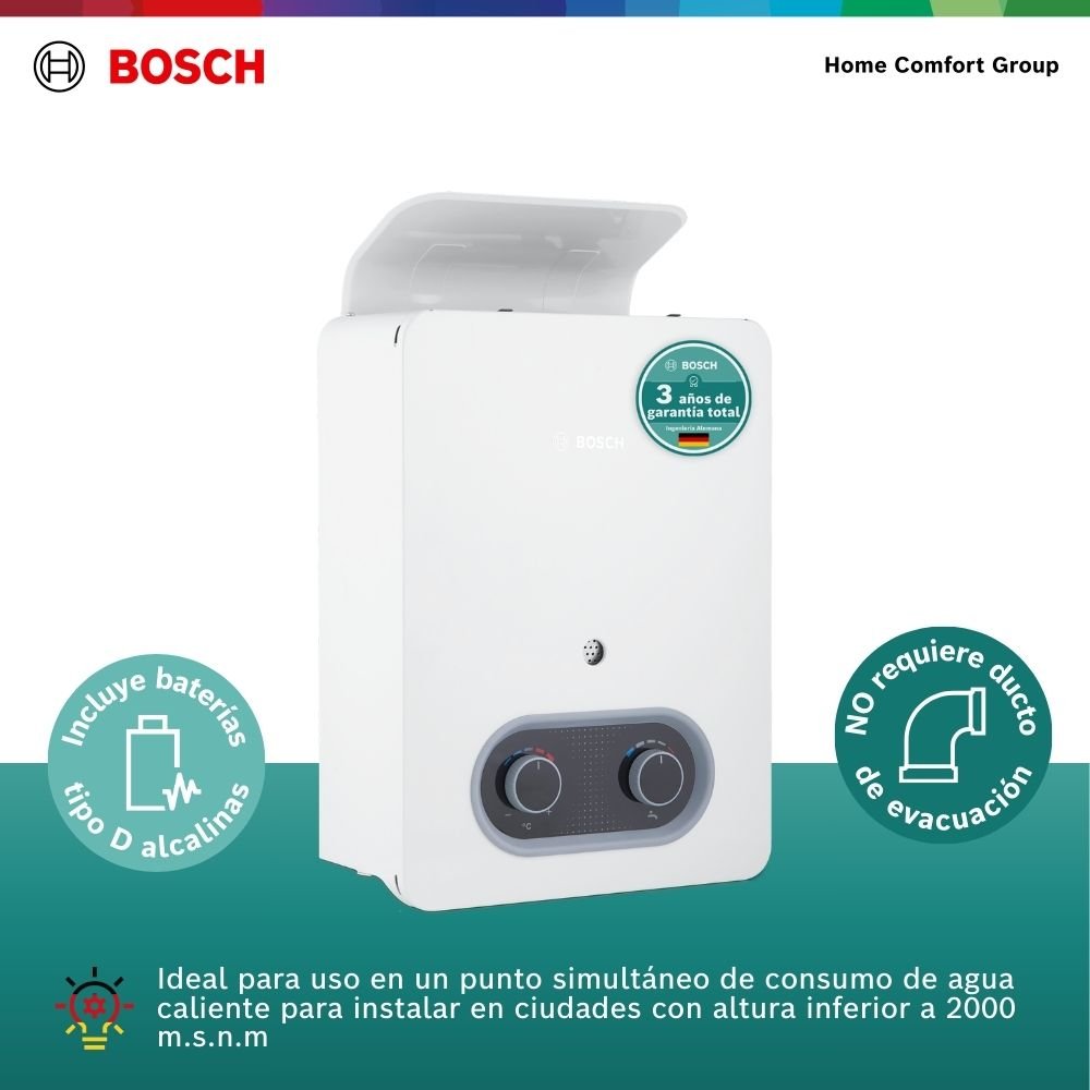 Calentador Bosch Therm 1200 con pilas incluidas, instalación sin ducto de evacuación