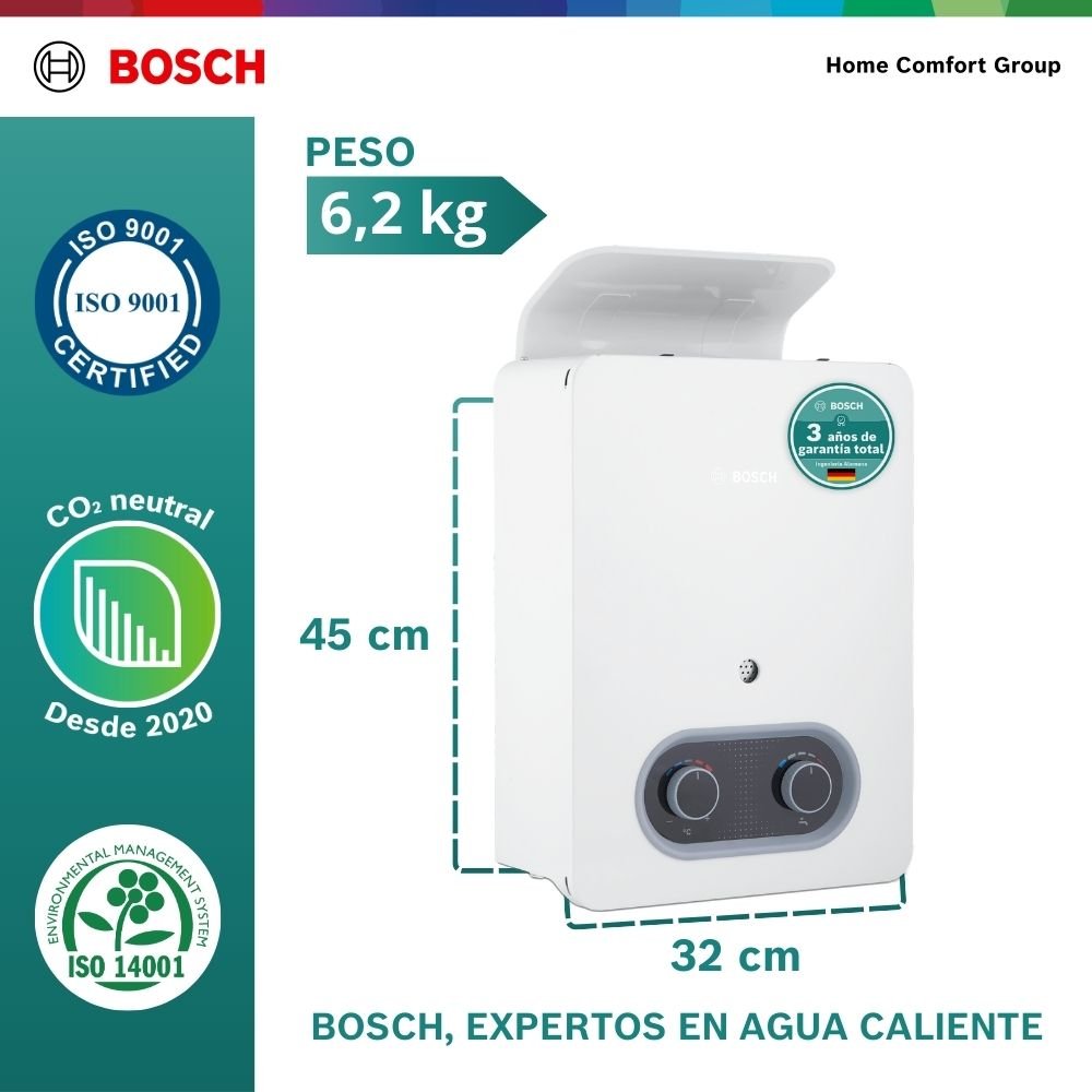 Medidas y peso del calentador Bosch Therm 1200 5,5 litros: 45 cm y 6,2 kg