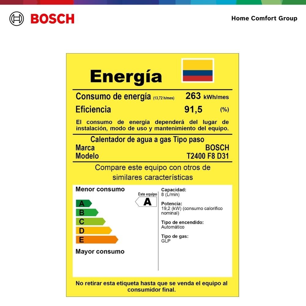 Etiqueta de eficiencia energética RETIQ del calentador Bosch Instant Therm 2400 F 8 litros gas propano