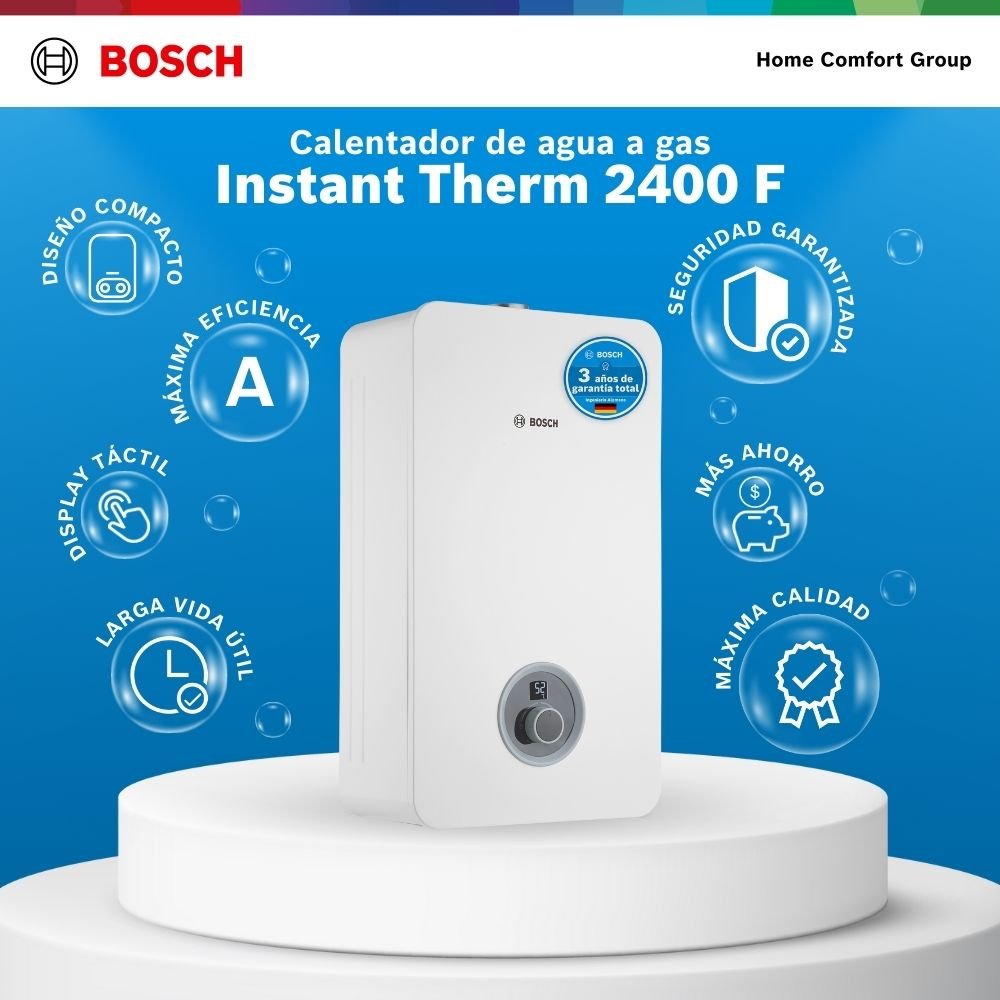 Beneficios del calentador a gas Bosch Instant Therm 2400 F: eficiencia A y sistemas de seguridad