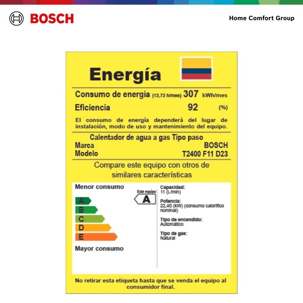 Etiqueta de eficiencia energética RETIQ del calentador Bosch Instant Therm 2400 F 11 litros gas natural