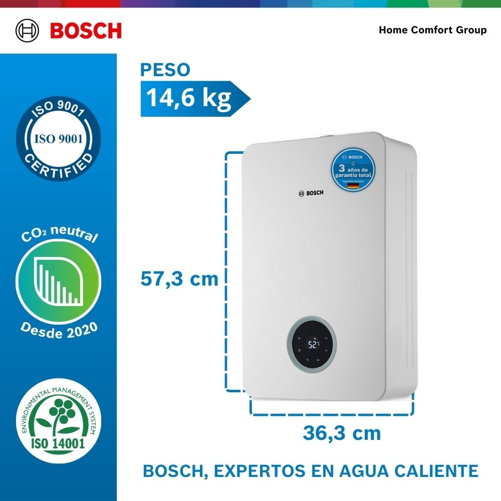 Medidas y peso del calentador Bosch Balanz Vento 18 litros gas propano: 57,3 cm y 14,6 kg