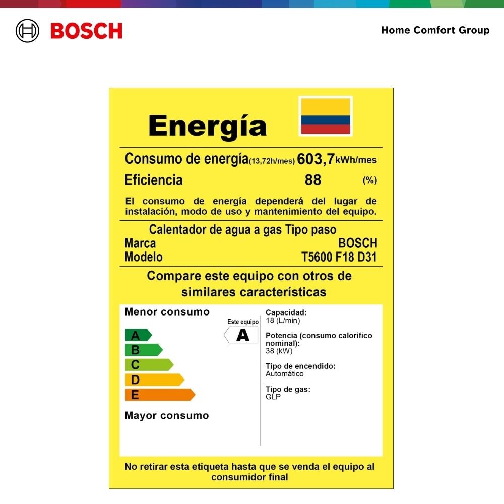 Etiqueta de eficiencia energética RETIQ del calentador Bosch Therm 5600 F 18 litros gas propano