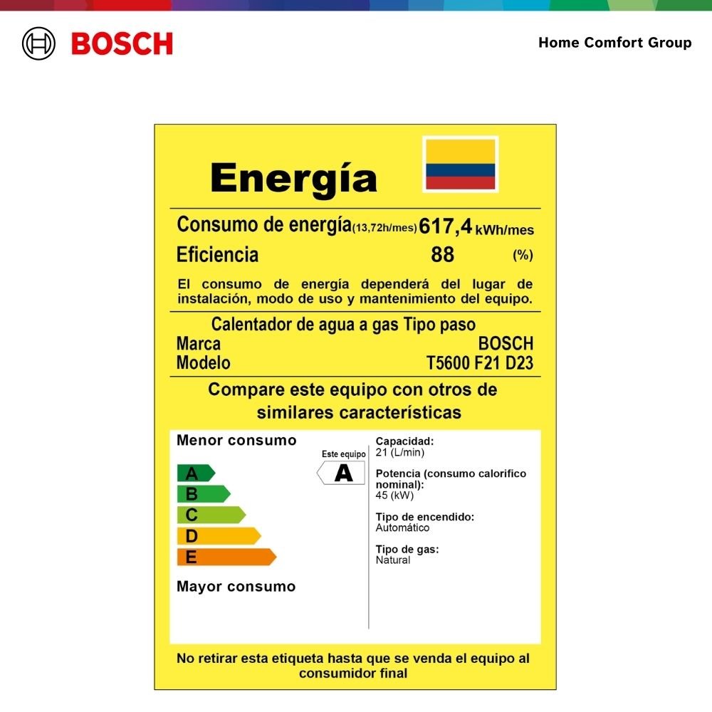 Etiqueta de eficiencia energética RETIQ del calentador Bosch Therm 5600 F 21 litros gas natural