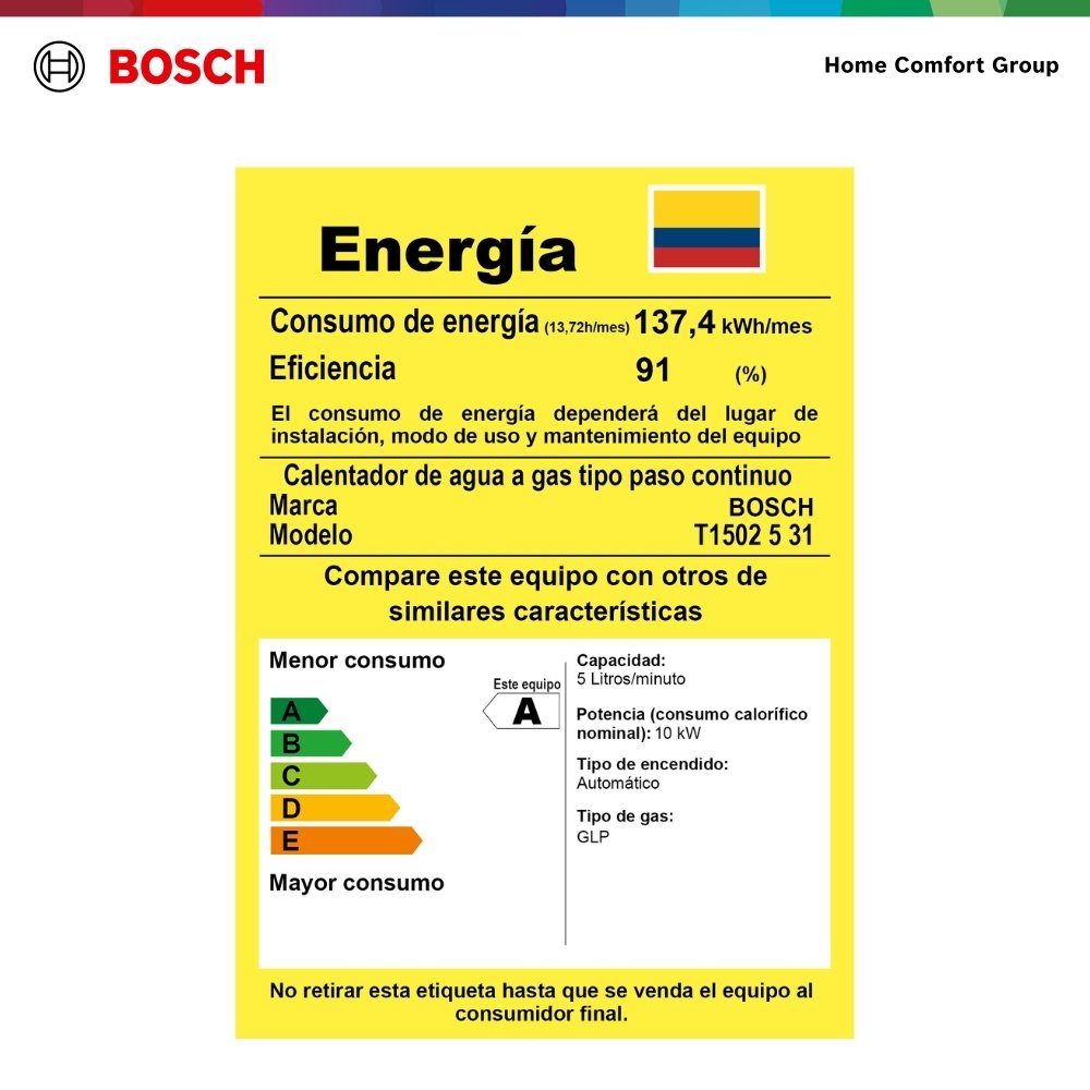 Etiqueta de eficiencia energética RETIQ del calentador Bosch Vital Therm 1500 gas propano