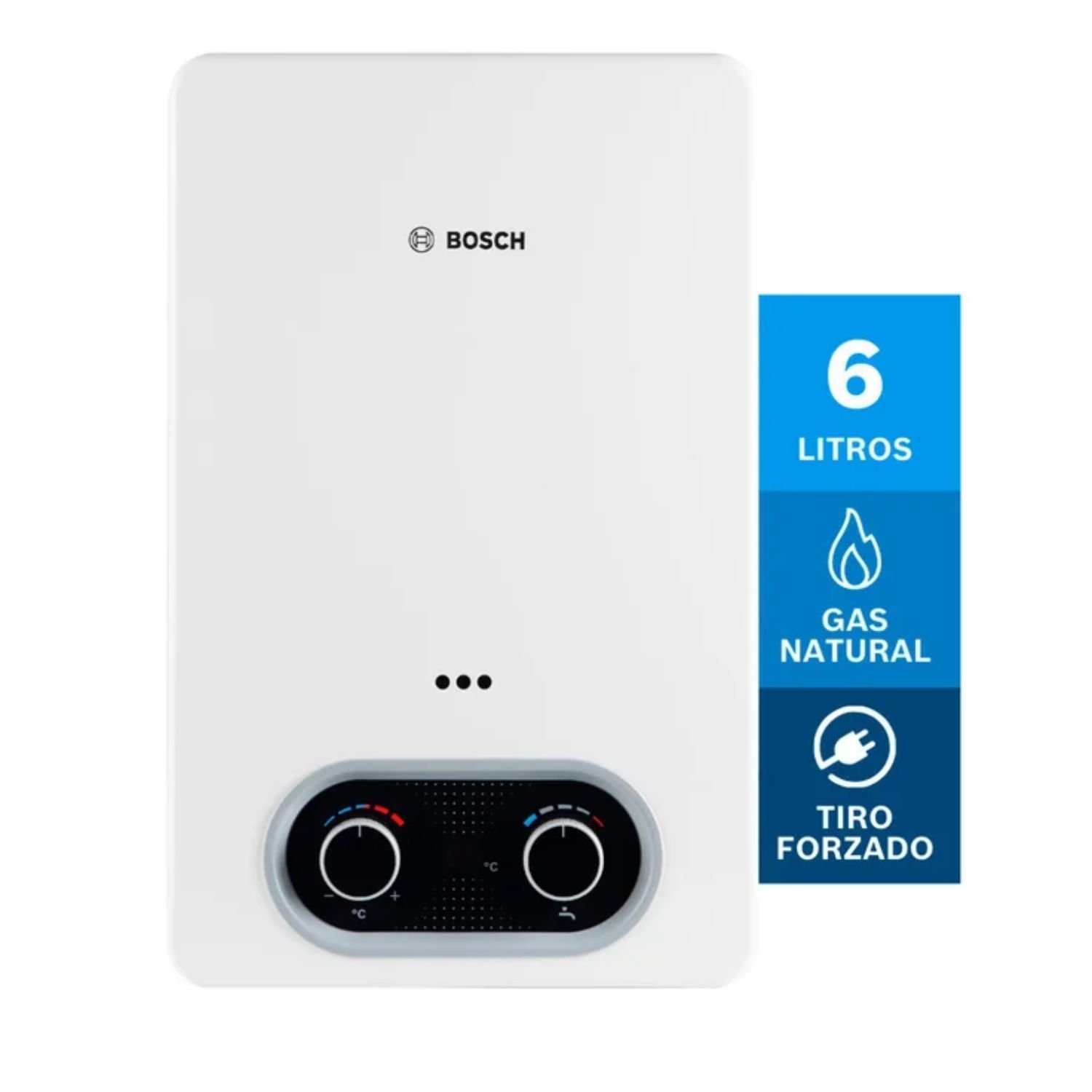Calentador de paso Bosch Essential 6 litros tiro forzado gas natural vista frontal