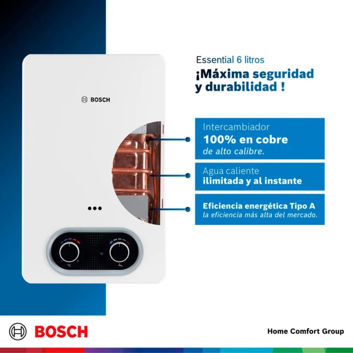 Calentador Bosch Essential 6 litros intercambiador 100% en cobre y eficiencia tipo A