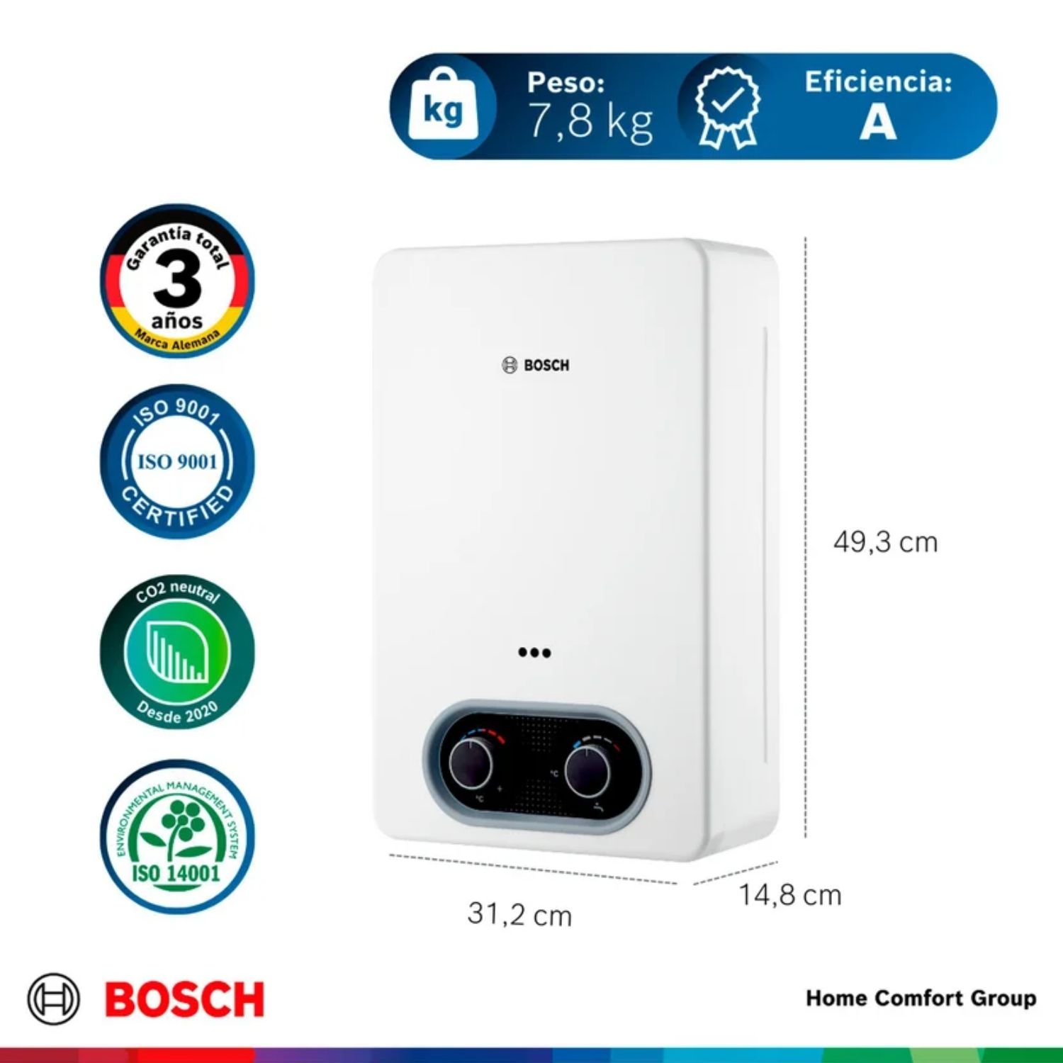 Calentador Bosch Essential 6 litros 3 años de garantía peso 7,8 kg eficiencia A
