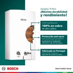 Calentador Bosch 16 litros con intercambiador 100% en cobre y protección antisarro