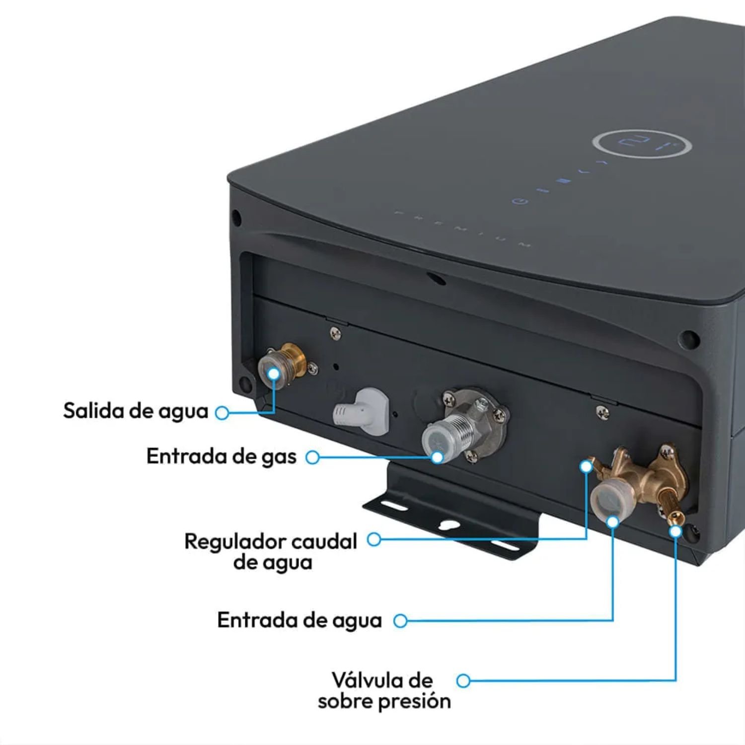 Conexiones de agua y gas y regulador de caudal del calentador Challenger WHD-7116