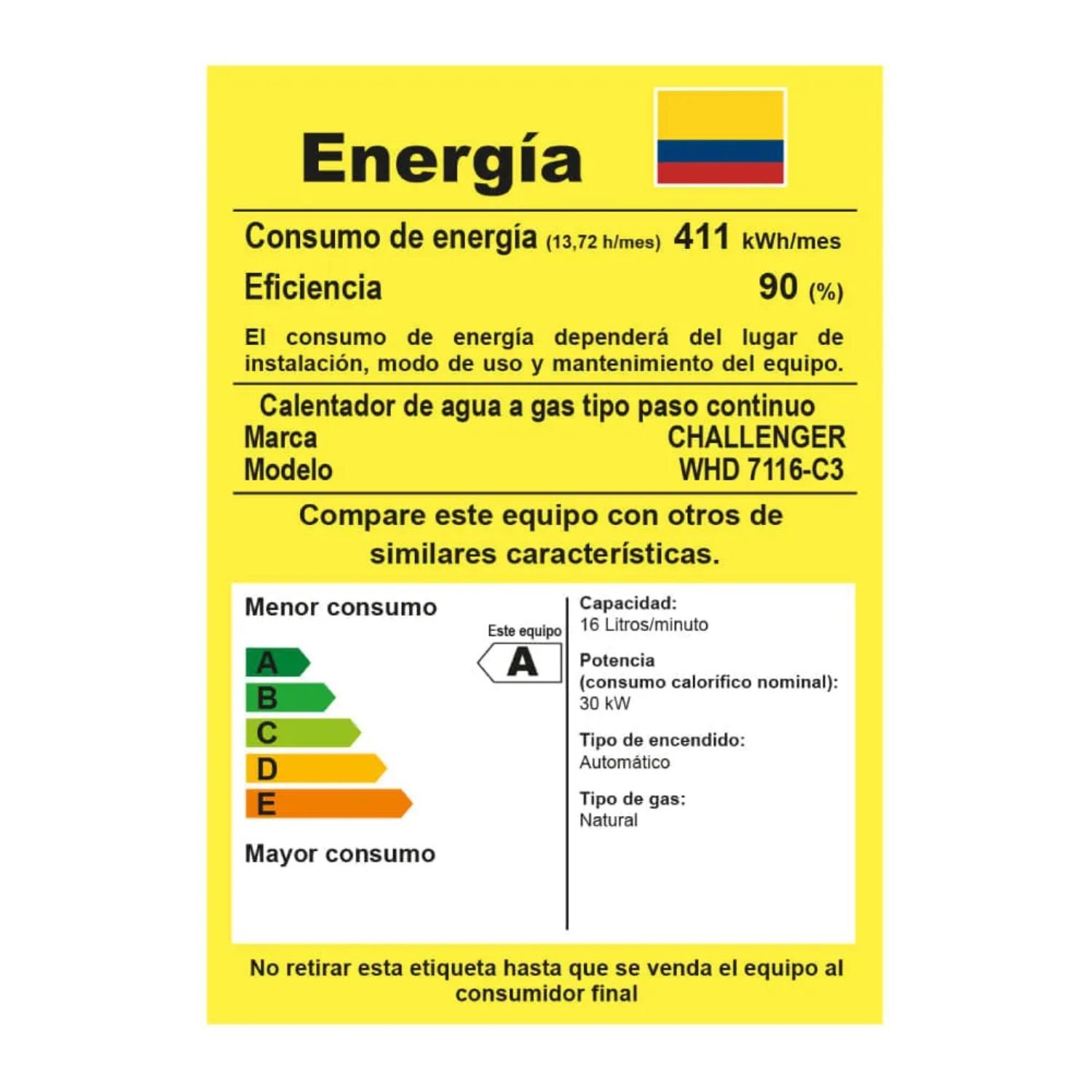 Etiqueta de eficiencia energética RETIQ del calentador Challenger WHD-7116 gas natural