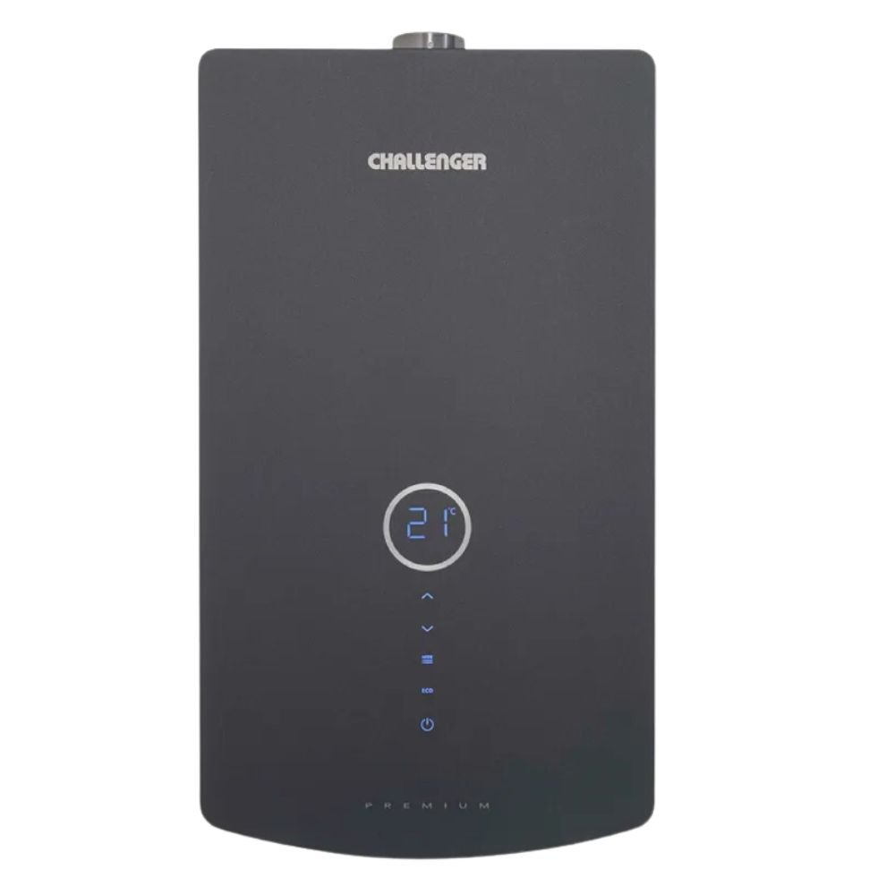 Calentador de paso a gas natural Challenger WHD-7125 12 litros tiro forzado vista frontal negro