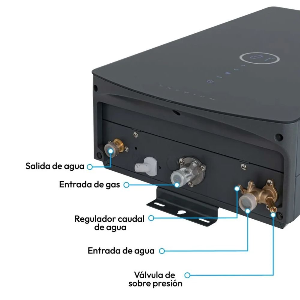 Conexiones de agua y gas y regulador de caudal del calentador Challenger WHD-7125