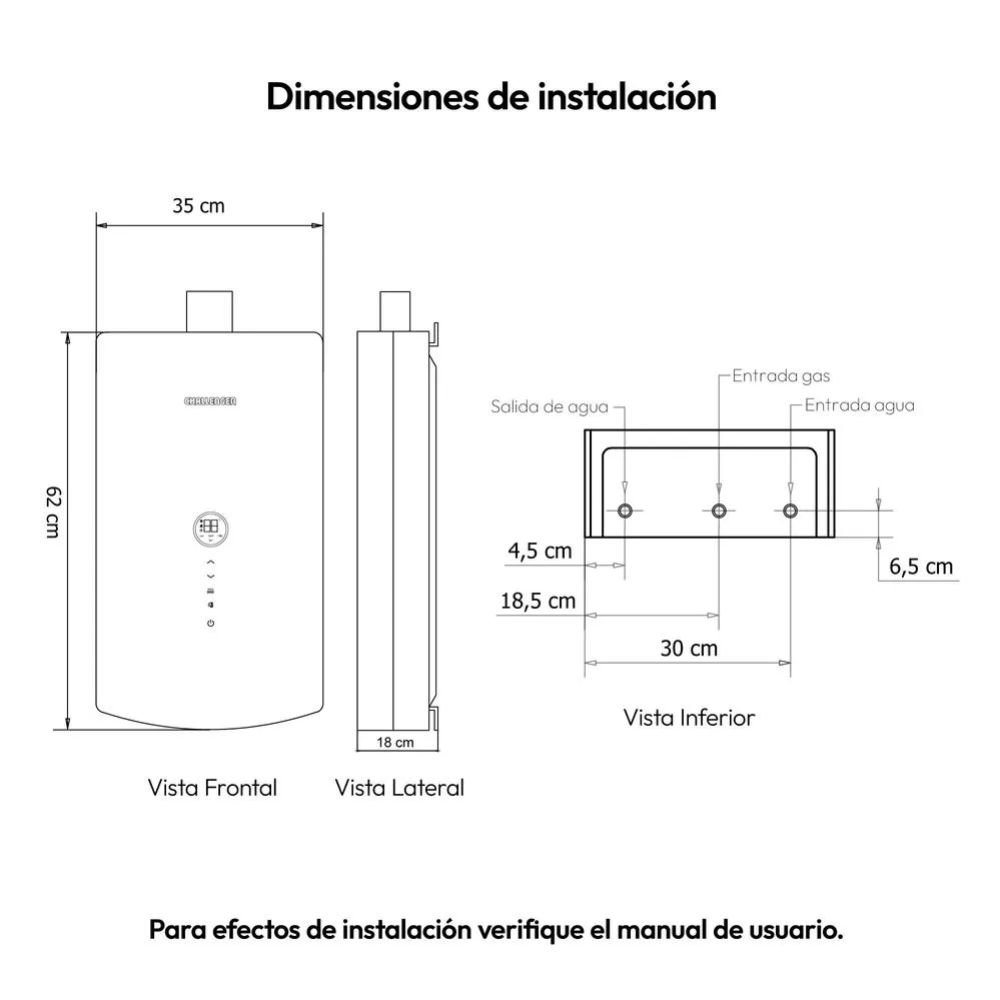 Dimensiones de instalación del calentador Challenger WHD-7125 vista frontal, lateral e inferior