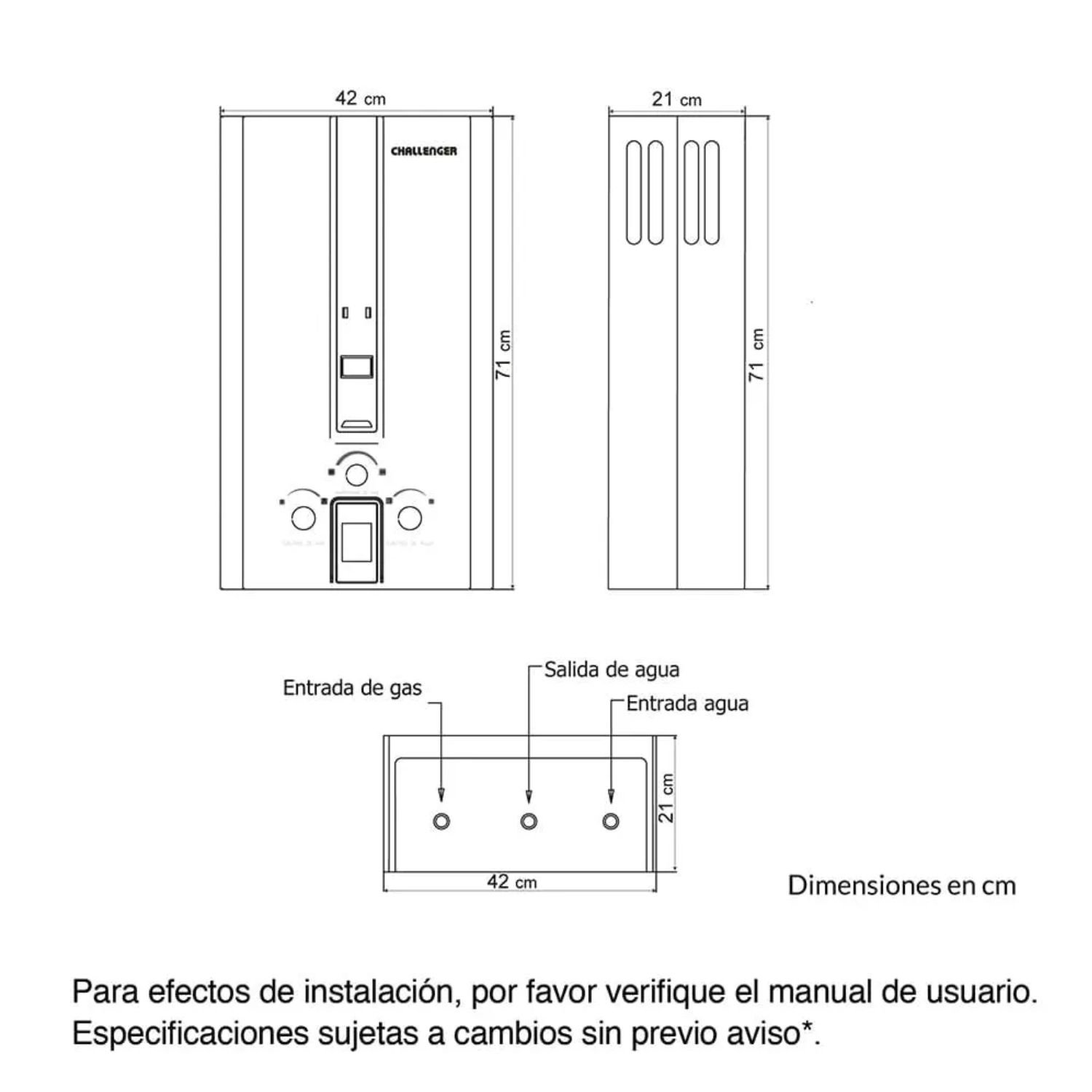 Medidas y conexiones del calentador Challenger WHF-7117 16 litros