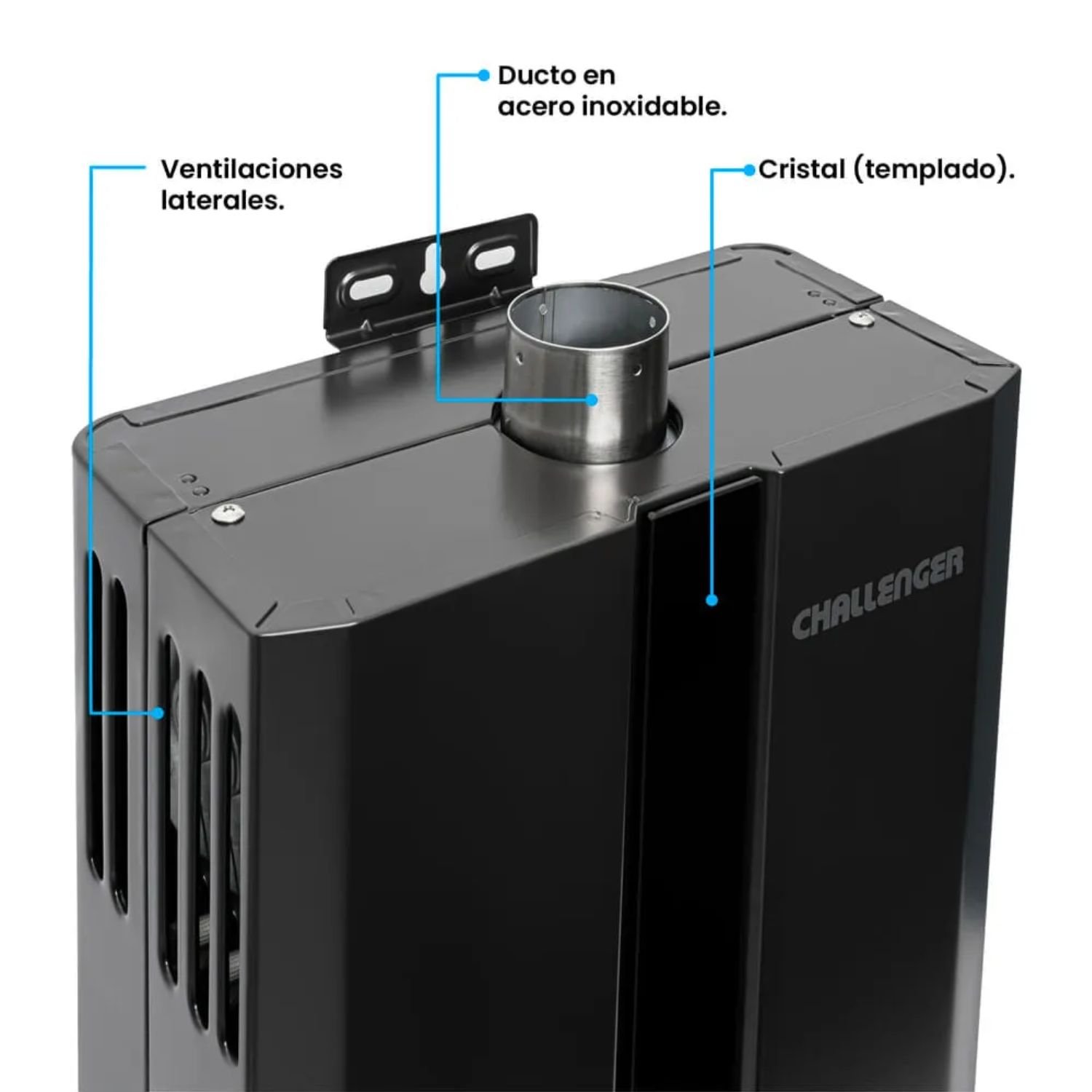 Parte superior del calentador Challenger 16 L con ducto en acero inoxidable y vidrio templado