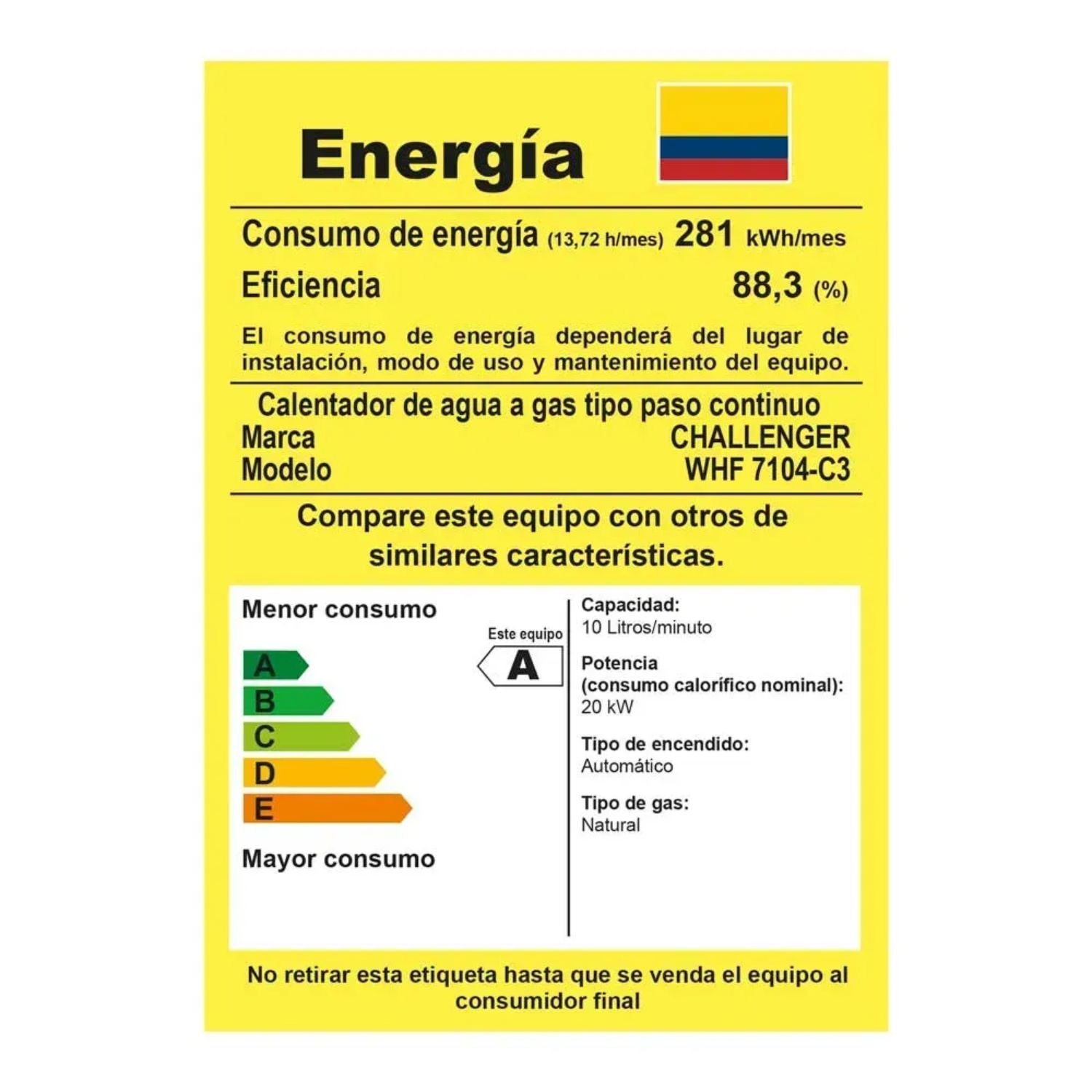 Etiqueta de energía RETIQ calentador de paso Challenger WHF7104 gas natural