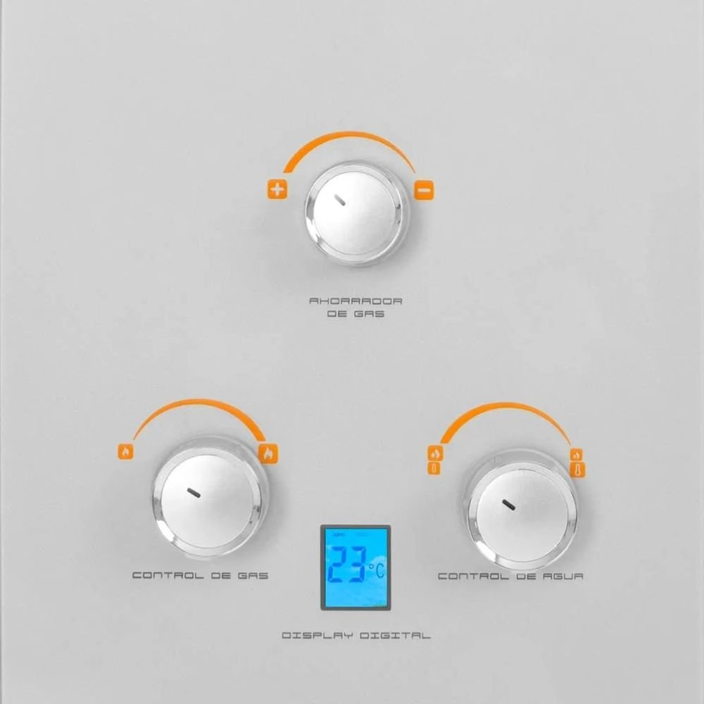 Panel de control del calentador Challenger WHG-7116 con perillas de gas y agua y display digital de temperatura