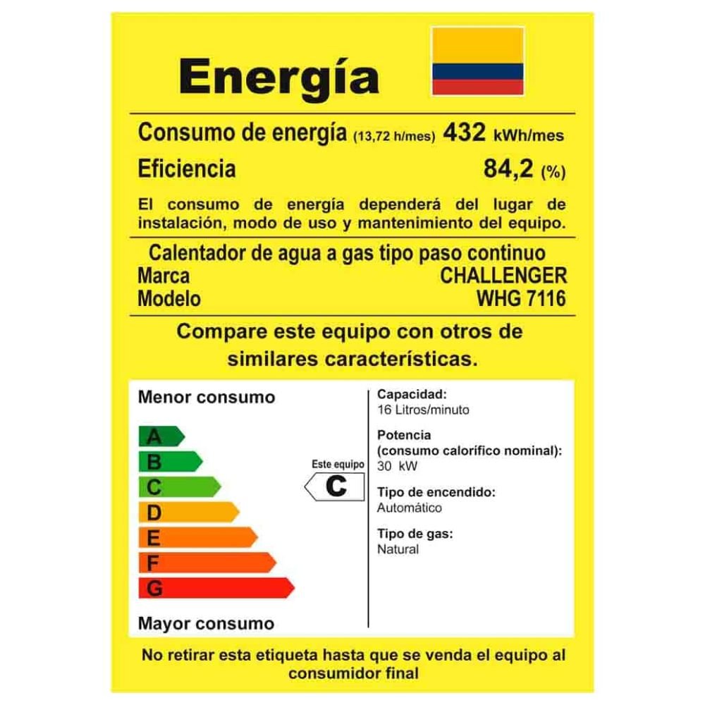 Etiqueta de eficiencia energética RETIQ del calentador Challenger WHG-7116 gas natural clase C