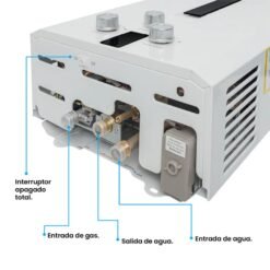 Interior del calentador Challenger WHN-7113 con interruptor de apagado total y conexiones de gas y agua