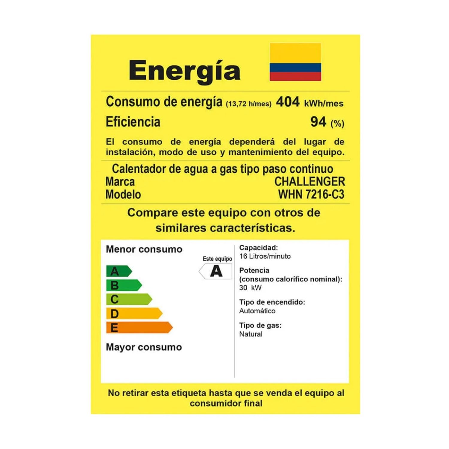 Etiqueta de eficiencia energética del calentador Challenger WHN-7216
