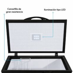 Congelador Challenger CH-226 negro abierto con canastilla de gran resistencia e iluminación LED
