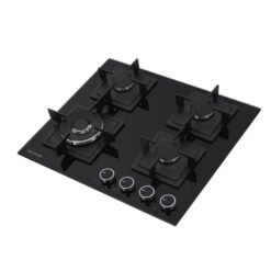 Estufa de empotrar Challenger SAU6769 vidrio negro con parrillas de hierro vista en ángulo