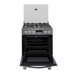 Estufa Challenger 4 puestos con tapa de cristal abierta y horno de 55 litros