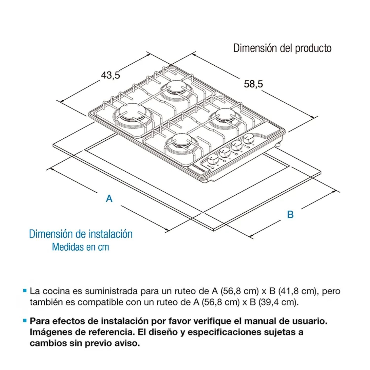 Dimensiones de instalación de la estufa empotrable Challenger SP6043