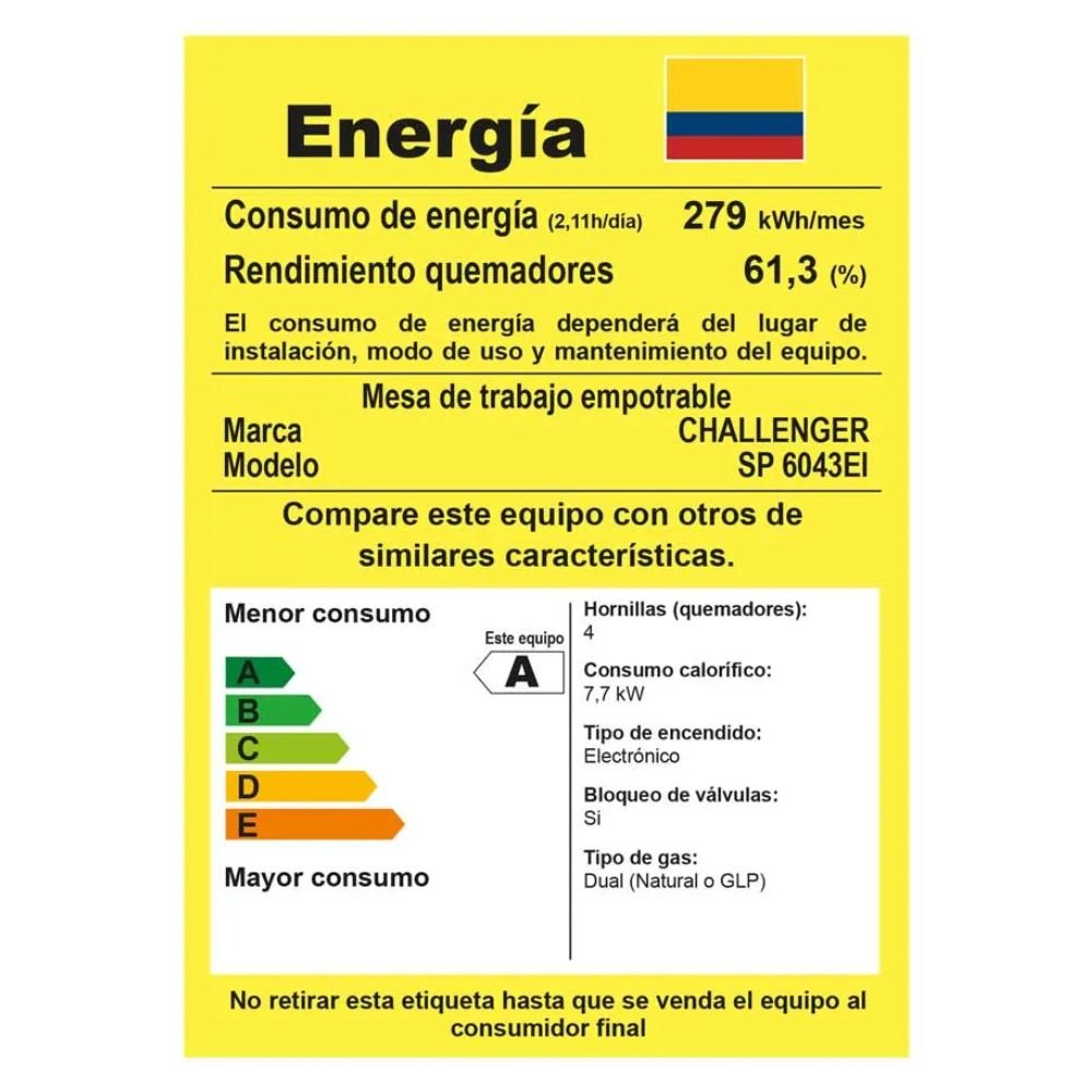 Etiqueta RETIQ de eficiencia energética de la estufa empotrable Challenger SP6043