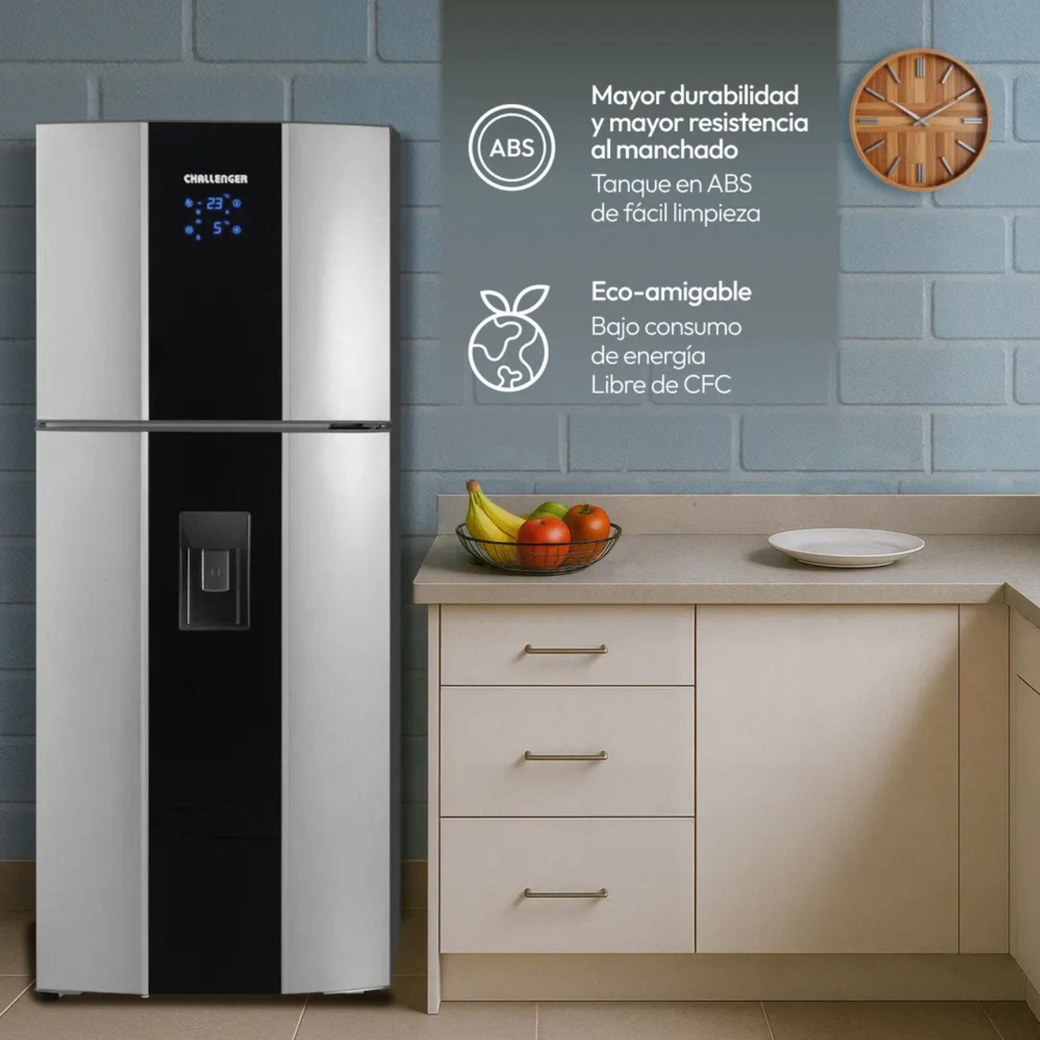 Nevera Challenger CR-470 en una cocina moderna, bajo consumo de energía y libre de CFC