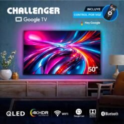 Televisor Challenger 50 pulgadas QLED Google TV con control por voz instalado en sala