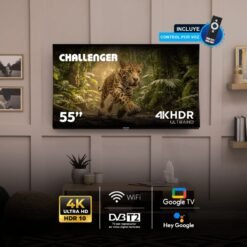 Televisor Challenger 55 pulgadas 4K HDR Google TV instalado en sala con WiFi