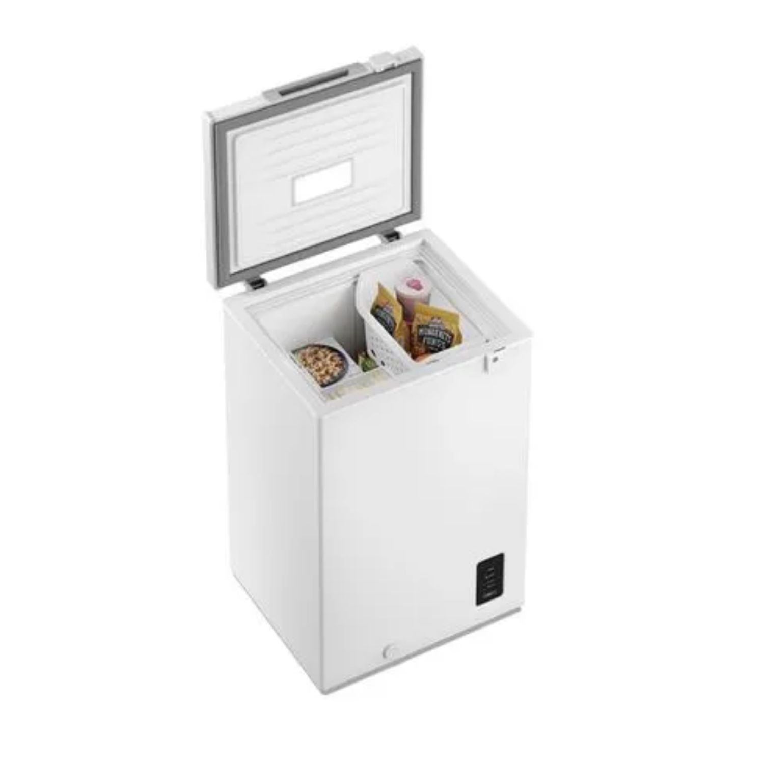 Congelador Electrolux 95 litros abierto con canasta y alimentos congelados